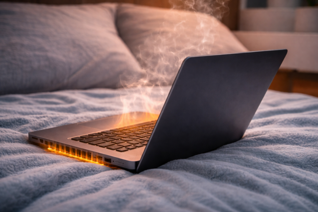 Notebook na cama bloqueando ventilação