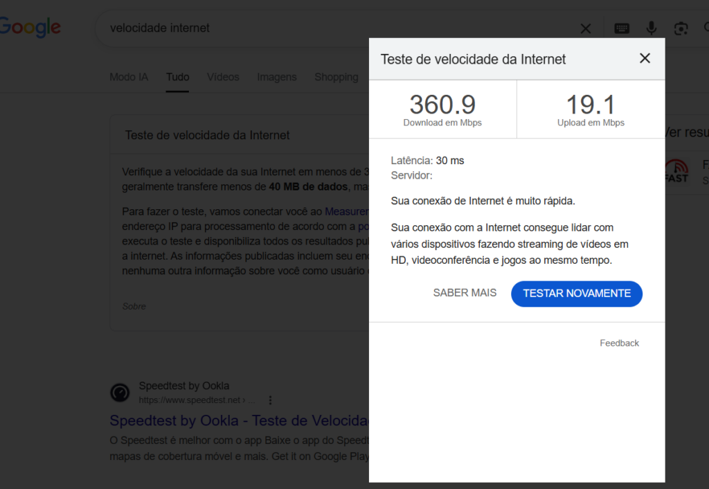 Resultado de teste de velocidade de internet mostrando download e upload