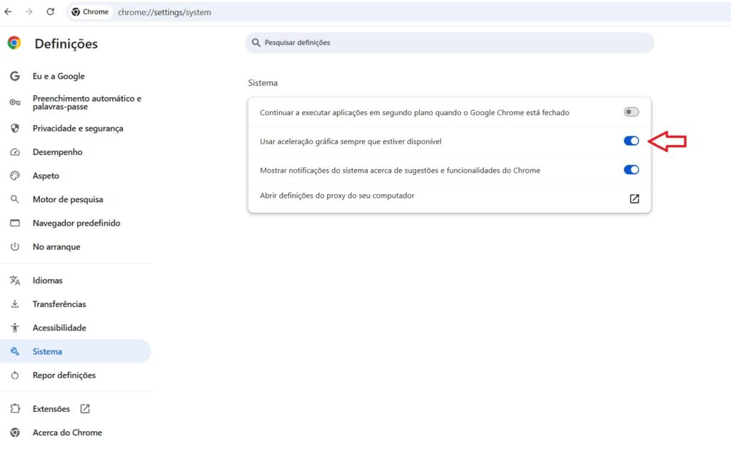 Configuração de aceleração gráfica por hardware no Google Chrome