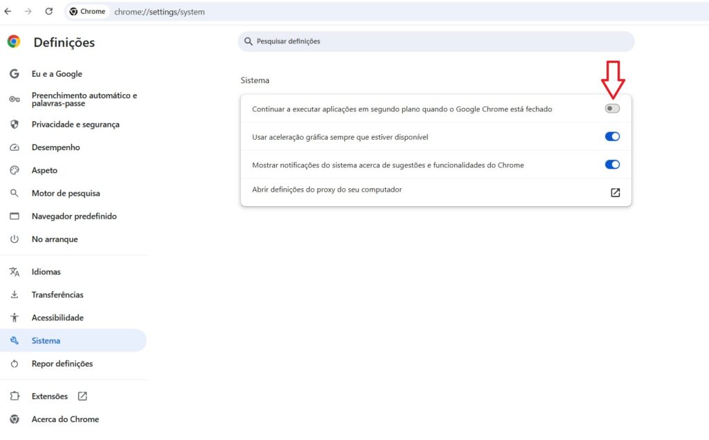 Tela de configurações do Google Chrome execução de apps em segundo plano