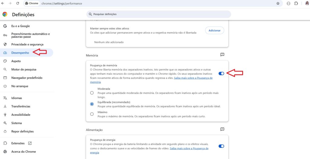 Função economia de memória nas configurações do Google Chrome