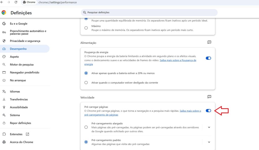 Opção pré carregar páginas no navegador Google Chrome