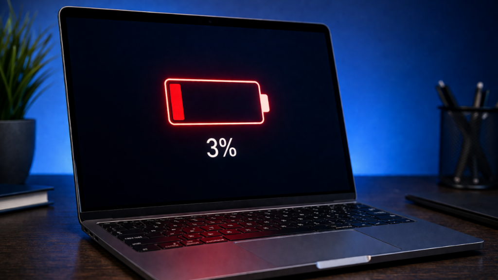 Notebook com bateria em 3 por cento indicando bateria ruim