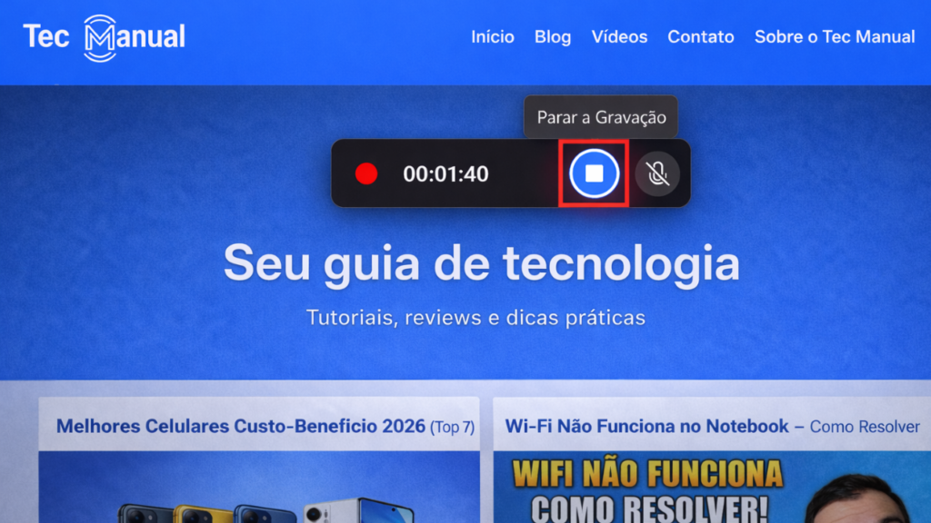 Controles de iniciar pausar e parar gravação de tela no Windows