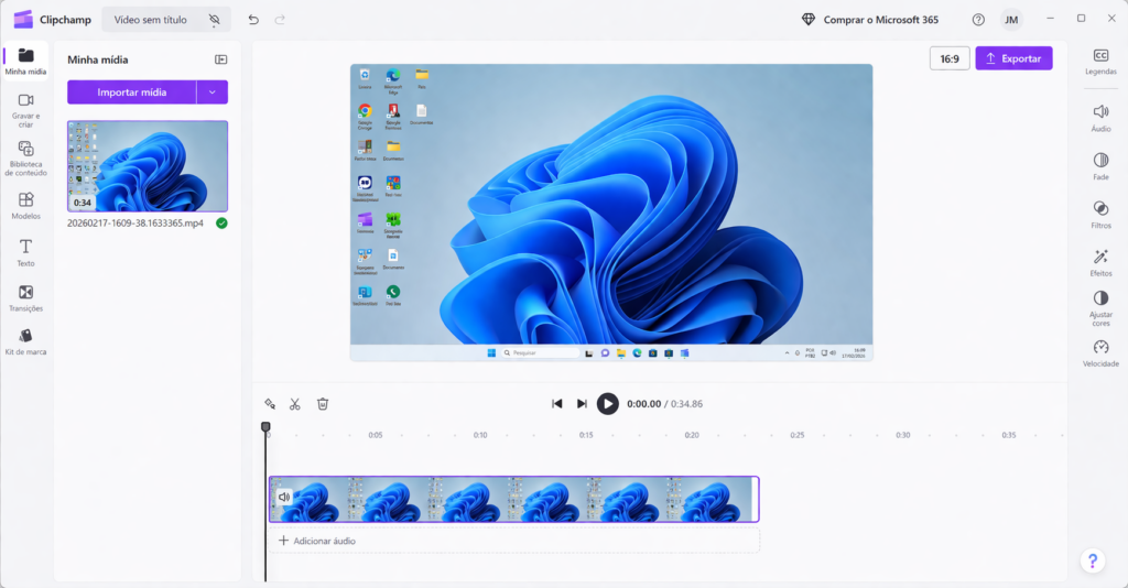 Editor Clipchamp no Windows para editar vídeos gravados da tela