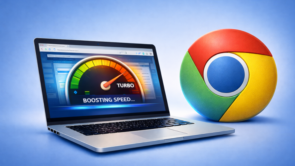 Notebook com Google Chrome aberto mostrando melhoria de velocidade no navegador