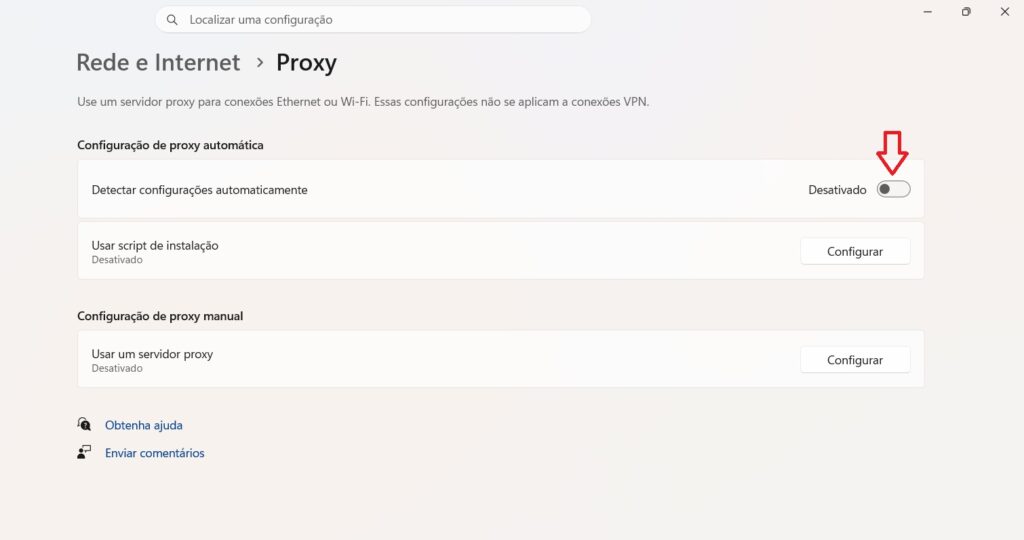 Tela de proxy do Windows