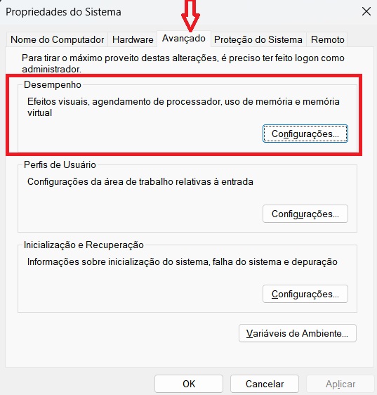 Janela de desempenho do Windows 11 aberta nas configurações avançadas.