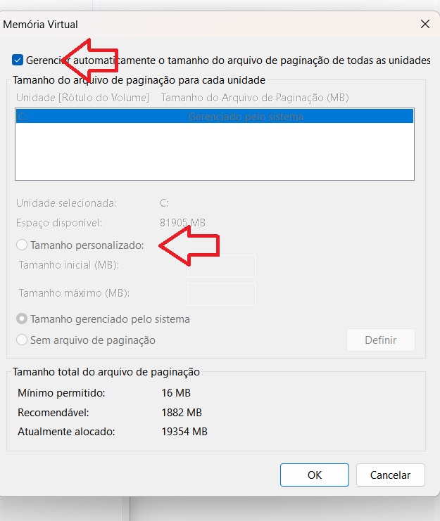 Opção de gerenciamento automático do arquivo de paginação desativada no Windows 11.