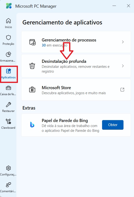 Desinstalando programas no Microsoft PC Manager para liberar espaço no Windows