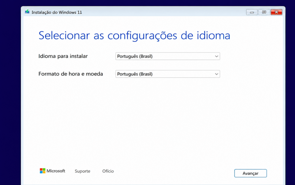 Tela de instalação do Windows 11 em português com seleção de idioma