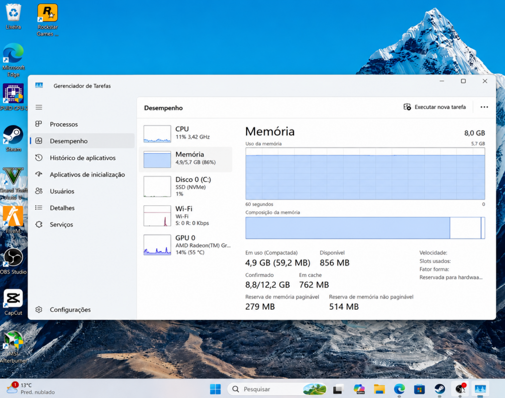 Consumo de memória RAM no Lenovo IdeaPad Slim 3 com 8 GB DDR5