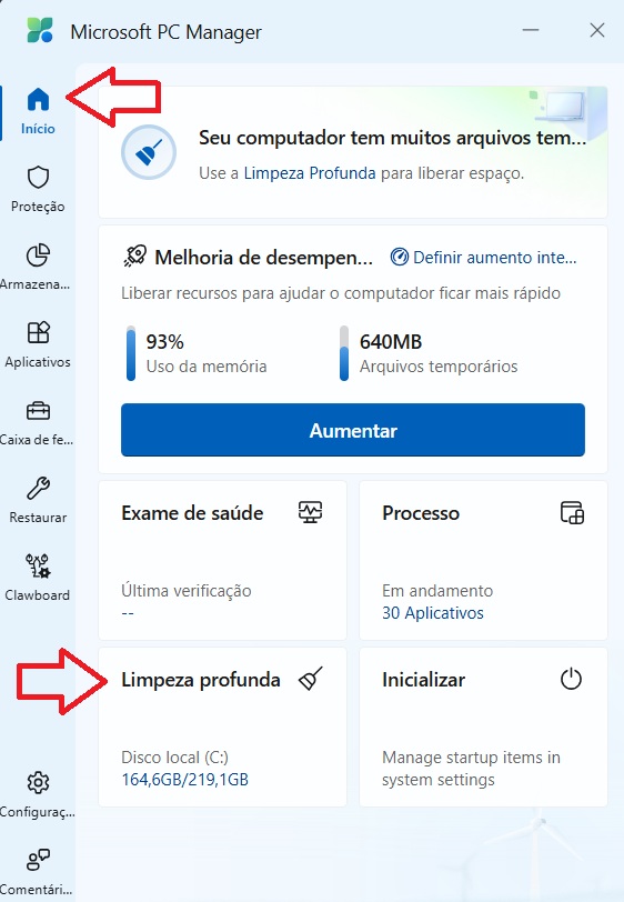 Opção Limpeza profunda no Microsoft PC Manager