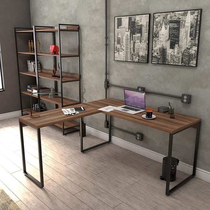 Mesa em L para setup com dois espaços de trabalho organizada para home office e produtividade
