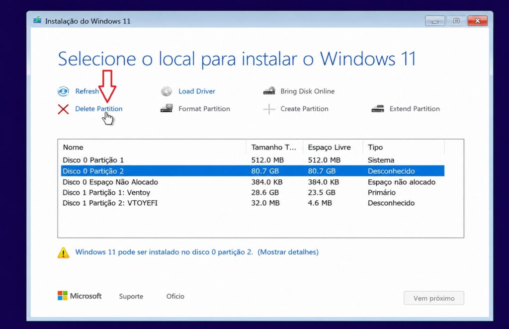 Tela de partições do Windows 11 durante formatação do notebook