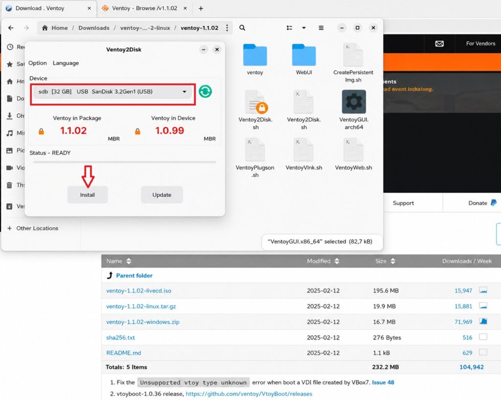 Tela do Ventoy no Linux mostrando a seleção do pendrive para criar mídia bootável do Windows 11