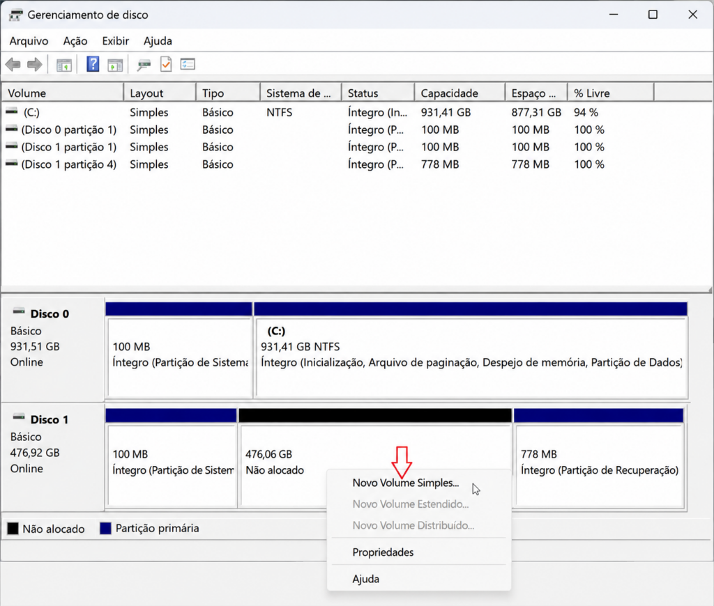 SSD não alocado no Gerenciamento de Disco do Windows