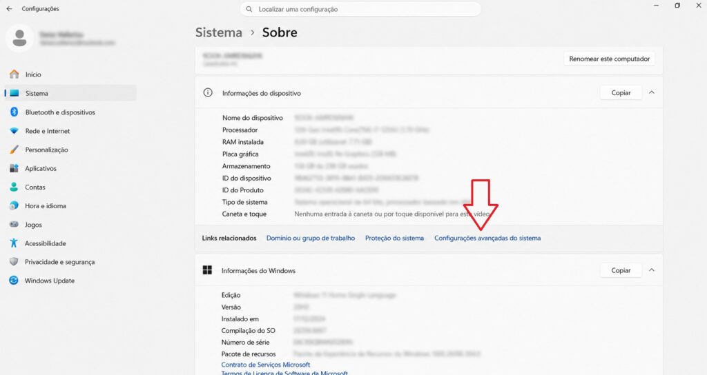 Tela do Windows 11 mostrando onde acessar as configurações avançadas do sistema.