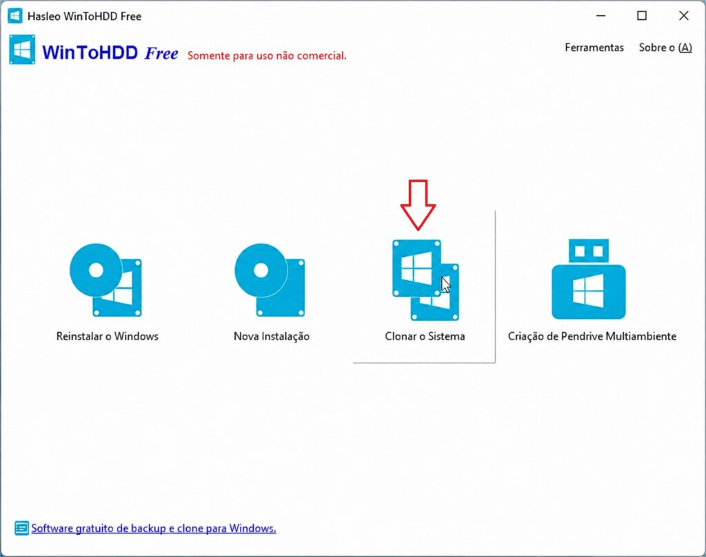 Opção Clonar o Sistema no WinToHDD