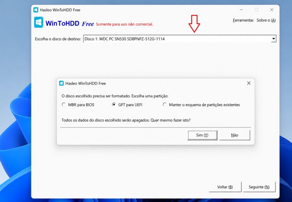 Selecionando SSD como disco de destino no WinToHDD