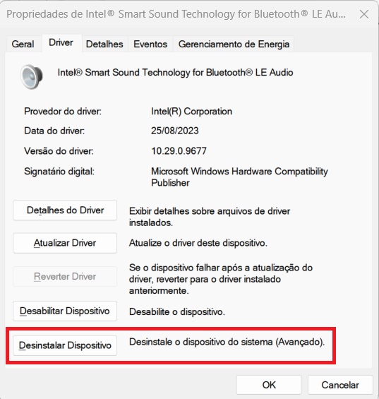 Opção para desinstalar driver de áudio no Gerenciador de Dispositivos do Windows