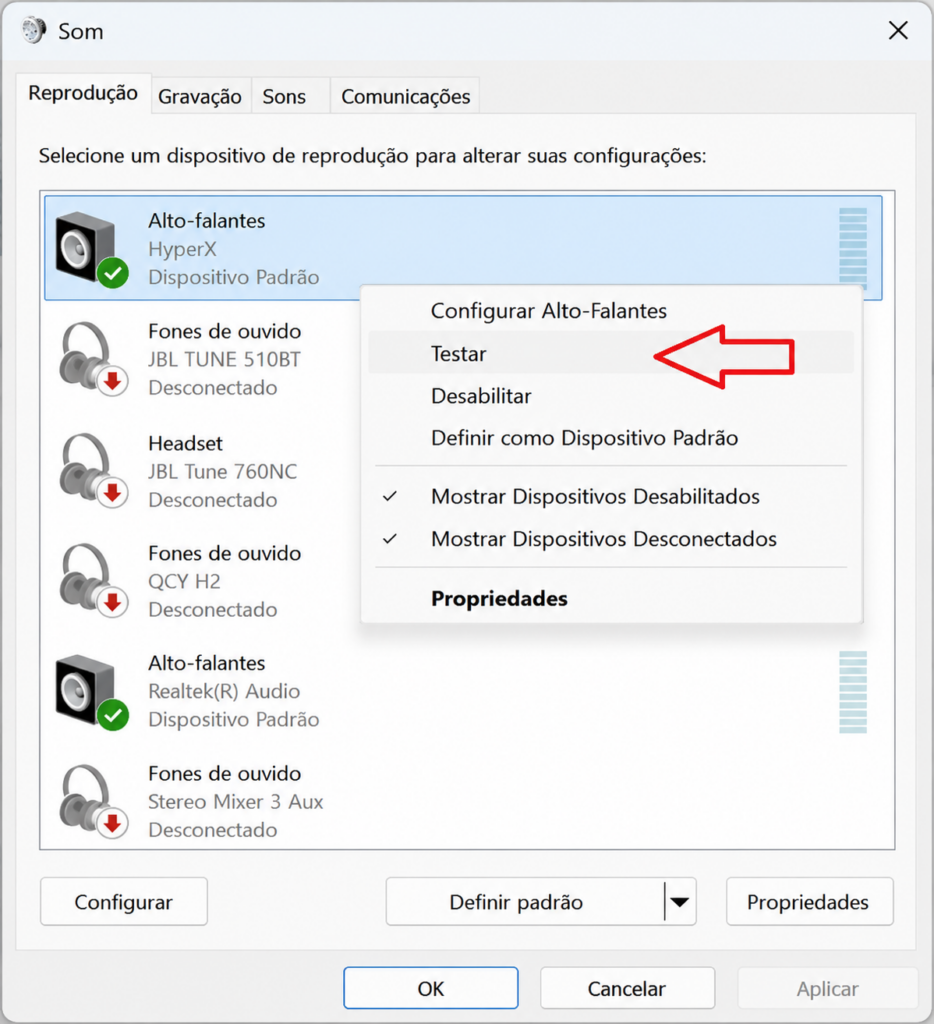 Janela de dispositivos de reprodução de áudio do Windows com alto-falantes definidos como padrão