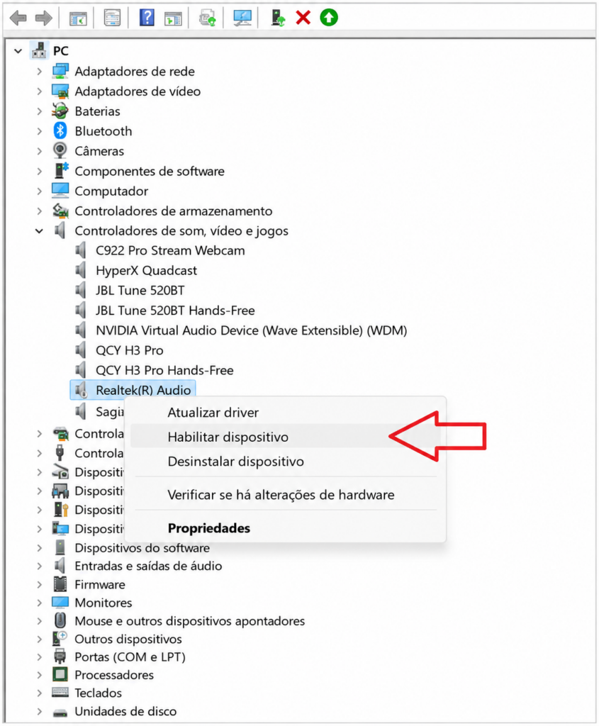Driver Realtek Audio listado no Gerenciador de Dispositivos do Windows