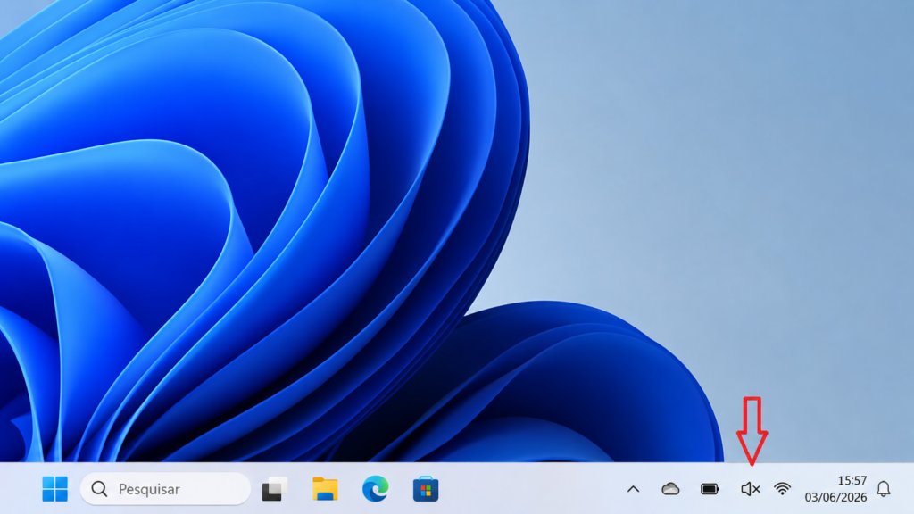Ícone de som do Windows exibindo áudio silenciado na barra de tarefas