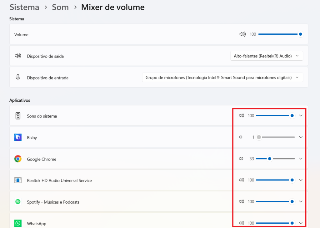 Mixer de volume do Windows mostrando controles individuais de áudio dos aplicativos
