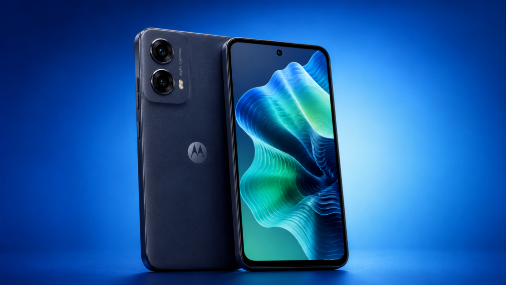 Moto G35 5G exibindo tela e câmeras traseiras em imagem oficial para ficha técnica