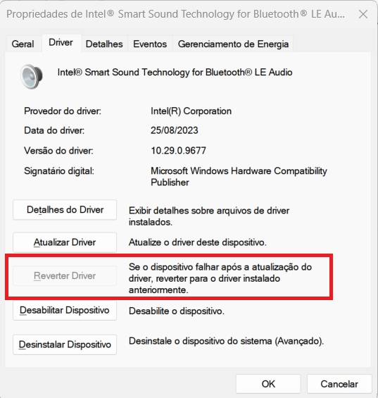 Opção reverter driver na janela de propriedades do dispositivo de áudio do Windows