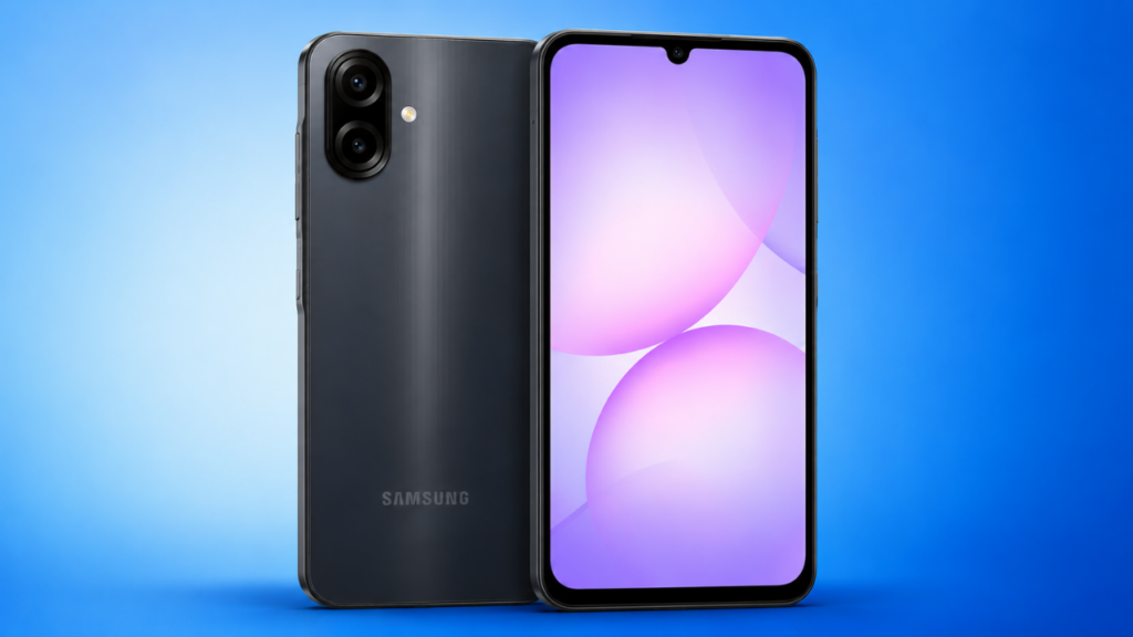 Samsung Galaxy A07 preto com tela de 6,7 polegadas e processador Helio G99 em fundo azul