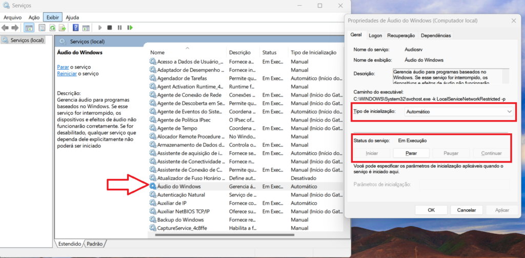 Serviço Áudio do Windows configurado como automático e em execução