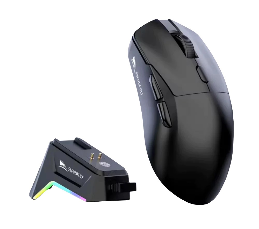 Mouse gamer Smaiwolf M3 acompanhado da dock de carregamento sem fio.
