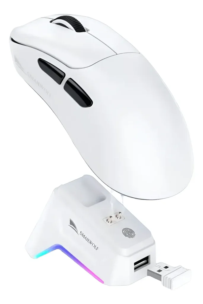 Mouse gamer Smaiwolf M5 com design compacto para mãos pequenas.