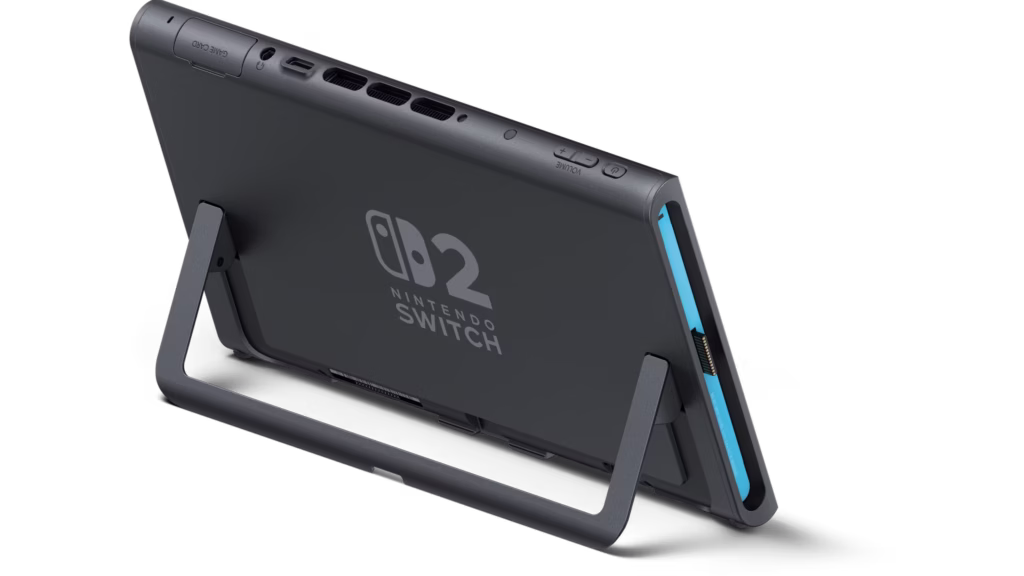 Nintendo Switch 2 em modo portátil com suporte traseiro ajustável
