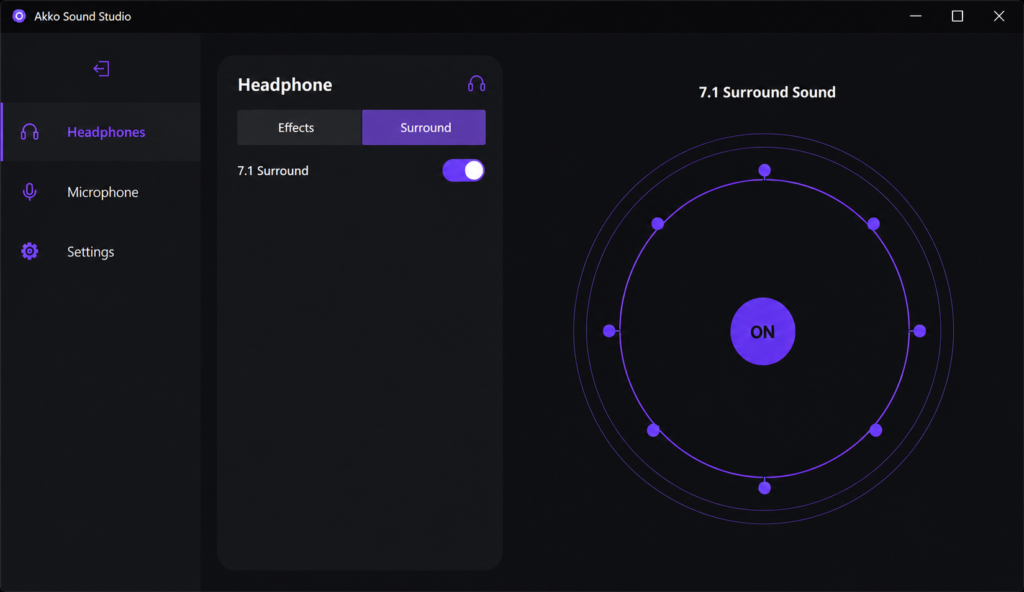 Interface do software Akko Sound Studio com o recurso Virtual Surround 7.1