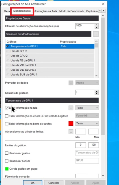 Configuração da aba Monitoramento no MSI Afterburner