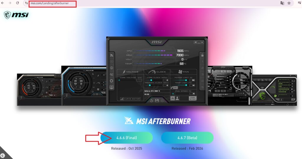 Página oficial para baixar o MSI Afterburner