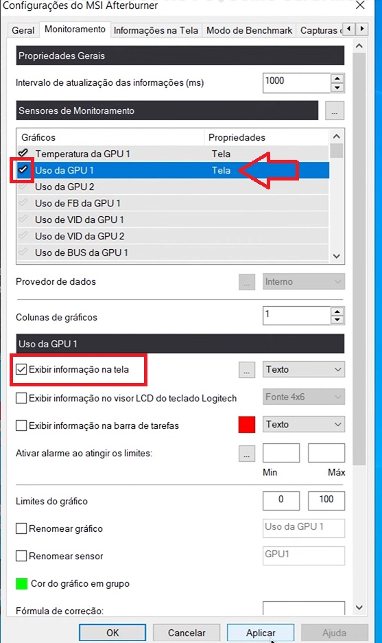 Como ativar Exibir Informação na Tela no MSI Afterburner